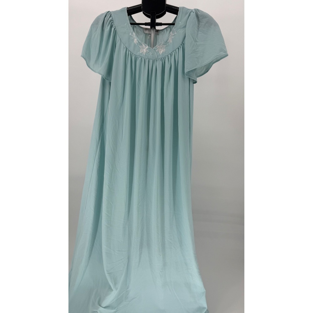 VTG Miss Elaine Classics Women Long Nightgown Blue Embroidered Flutter Sleeve L